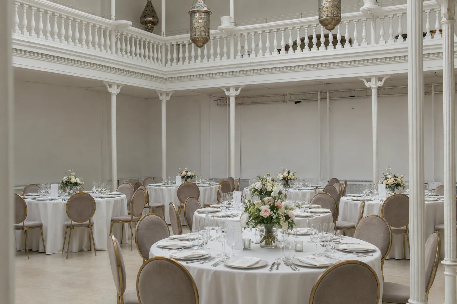 Bankettbestuhlung im Palmenhaus Erfurt: runde Tische eingedeckt mit Gläsern, Geschirr, Kerzen und Blumenschmuck, gepolsterte Stühle mit goldenem Rahmen, darüber die weiße Galerie mit den Laternen.